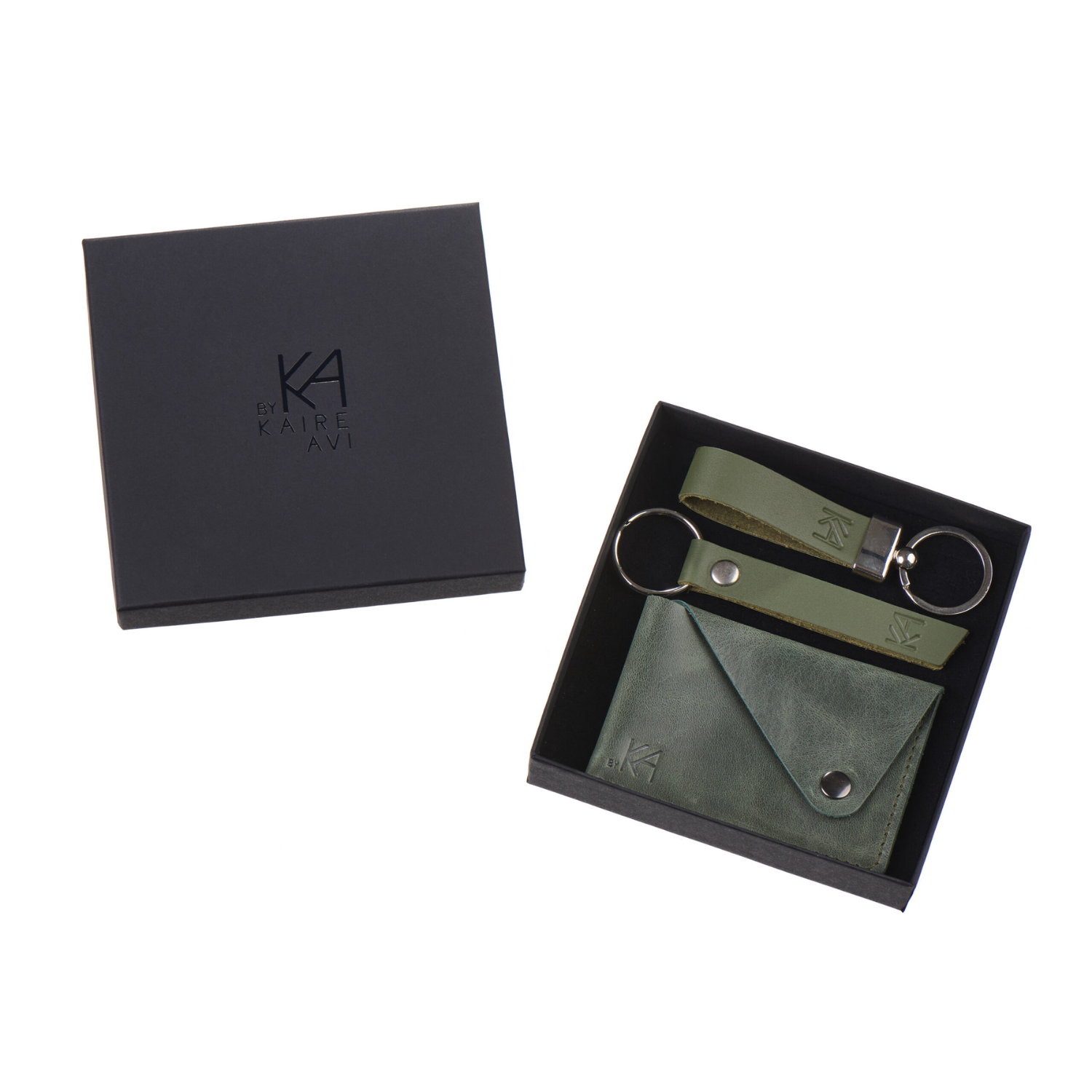Leather Cardholder and Keychain Gift Box, Green